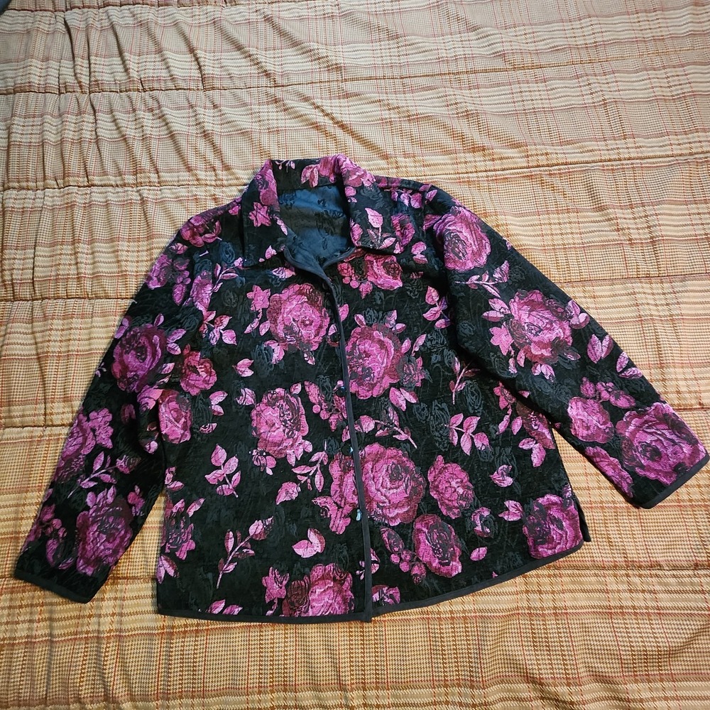 Tanjay Reversible Jacket XL Floral Rose Tapestry Black Pink 24.5" Pit To Pit